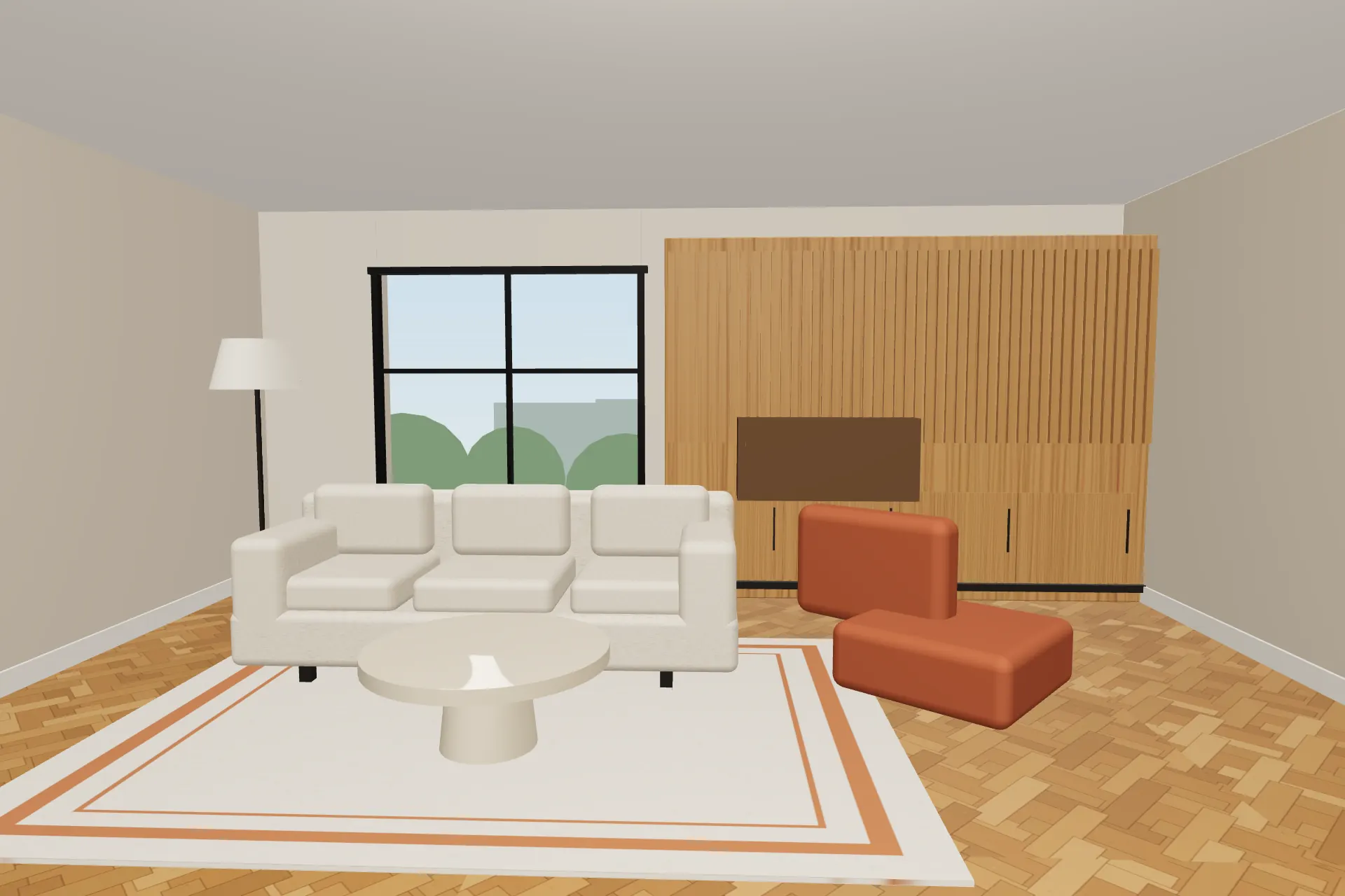 Illustration 3D : canapé, table basse et meuble en bois sur mesure installés