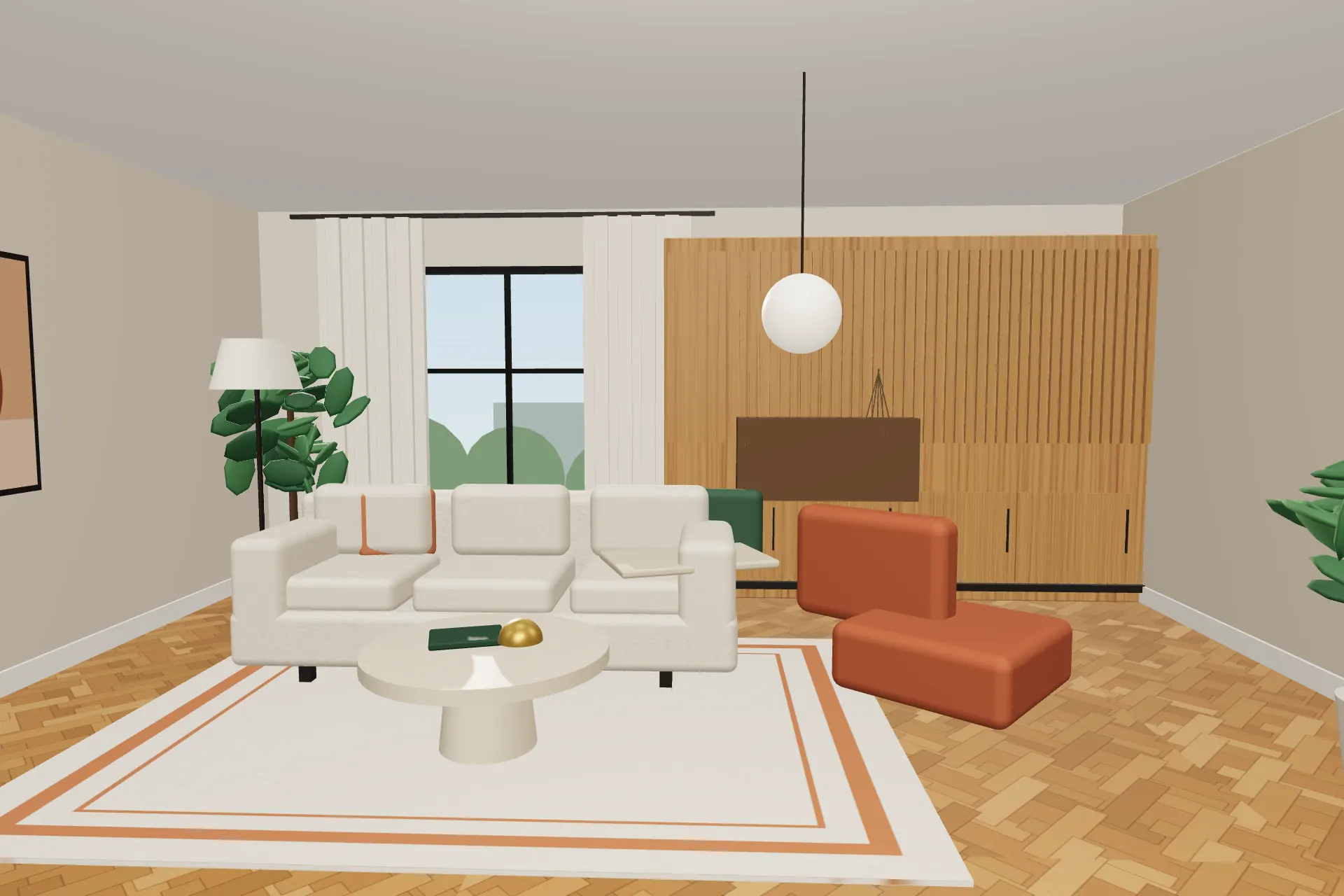 Illustration 3D : rideaux, plantes, œuvres et luminaire ajoutés